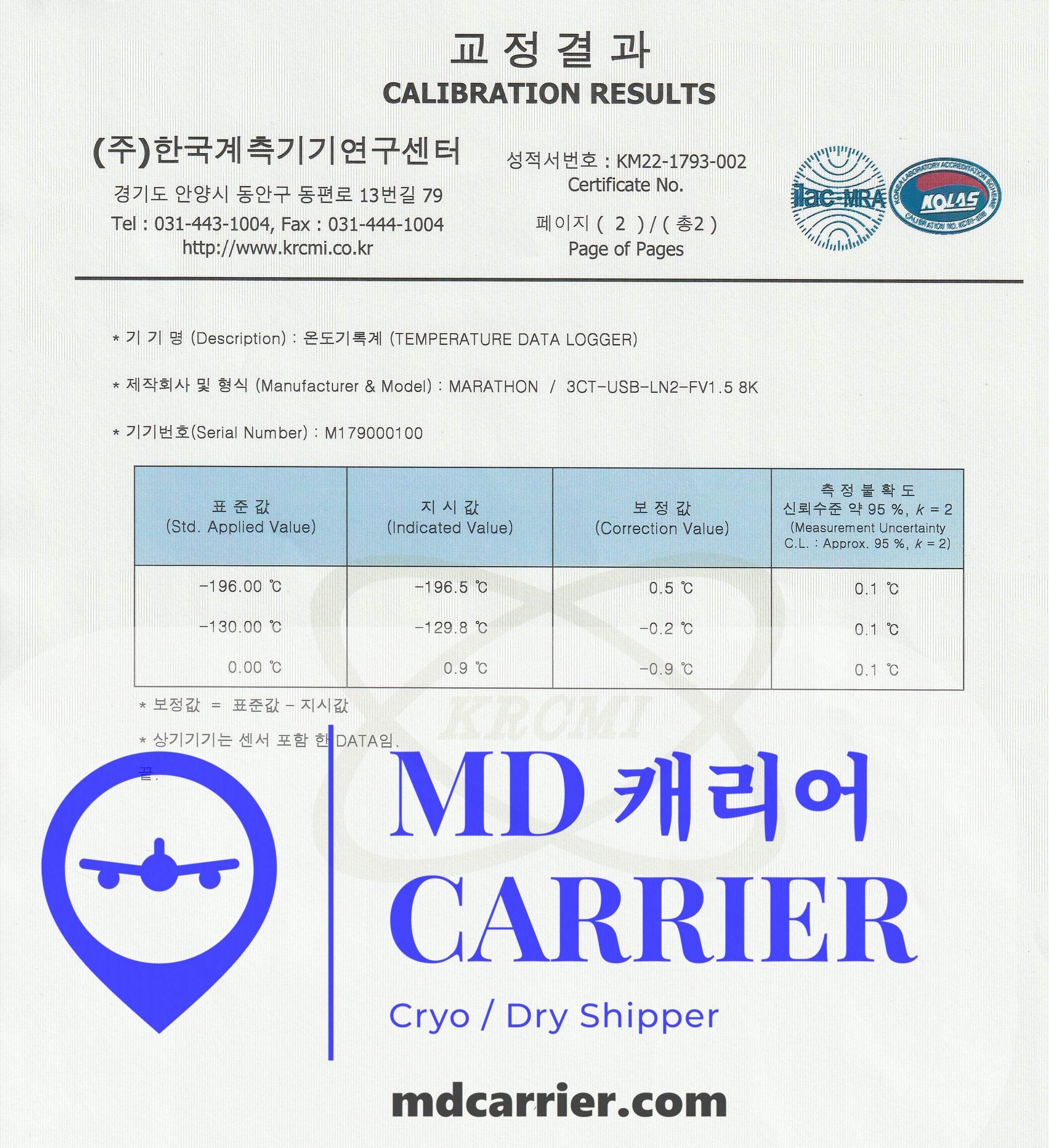 MD Carrier 온도 로거 교정성적서